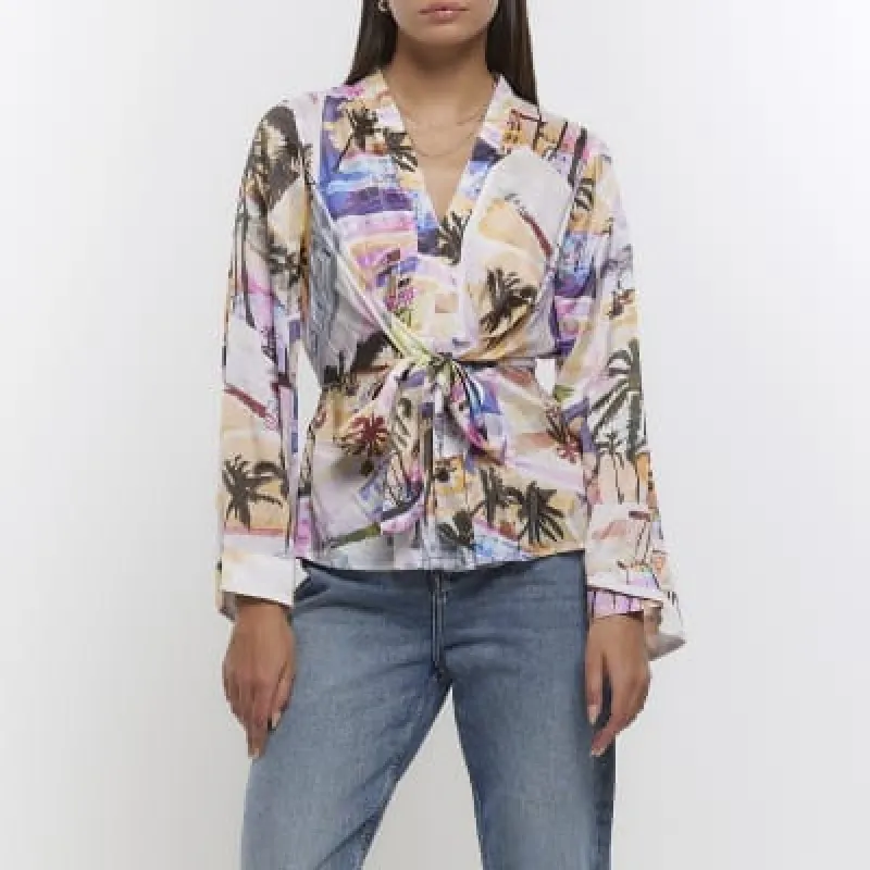 White print wrap long sleeve top sold by River Island