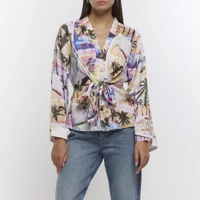 White print wrap long sleeve top sold by River Island