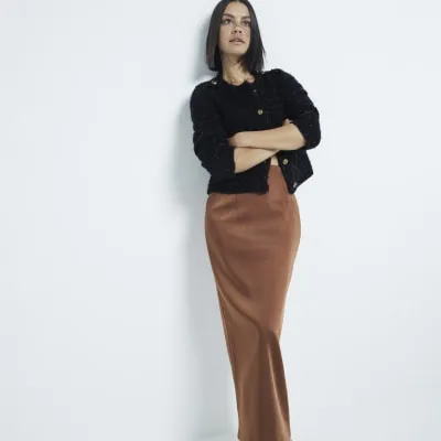Brown Satin Pencil Midi Skirt sold by River Island