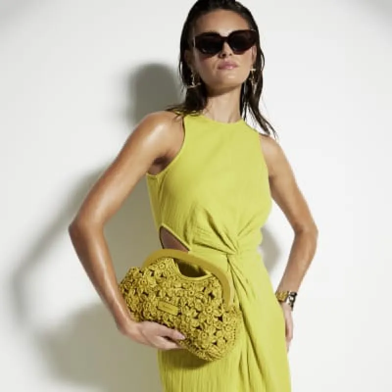Green Raffia Floral Clutch Bag sold by River Island
