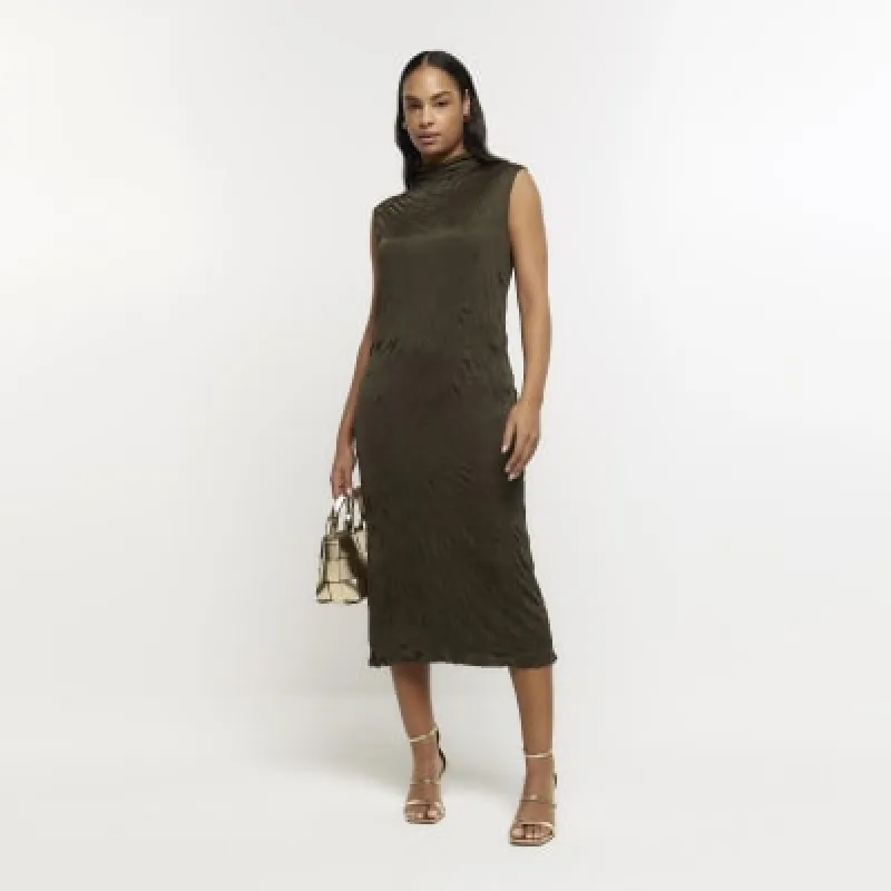 Khaki crinkle high neck bodycon midi dress sold by River Island