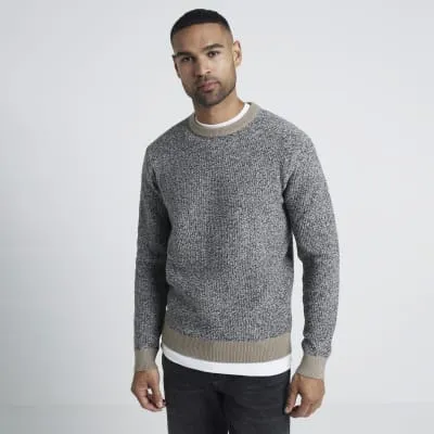 Stone slim fit waffle crew neck jumper sold by River Island
