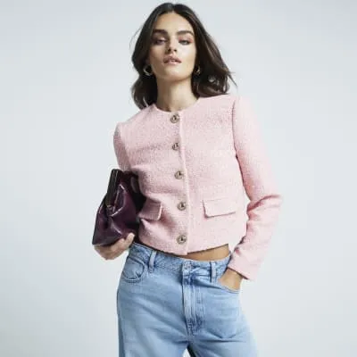 Pink Boucle Crop Collarless Jacket sold by River Island