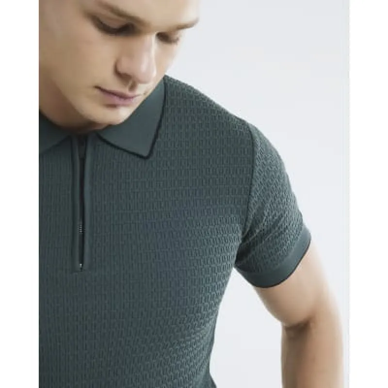 Green Muscle Fit Textured Tipped Polo Shirt sold by River Island