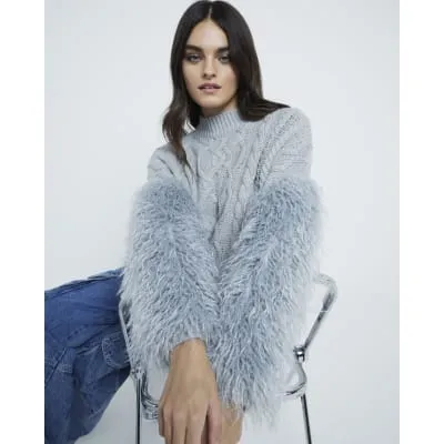 Blue Faux Fur Sleeve Cable Knit Jumper sold by River Island