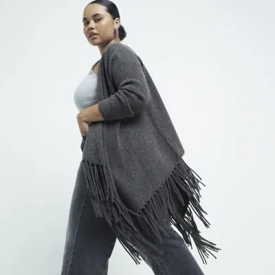Plus grey waterfall fringe cardigan sold by River Island