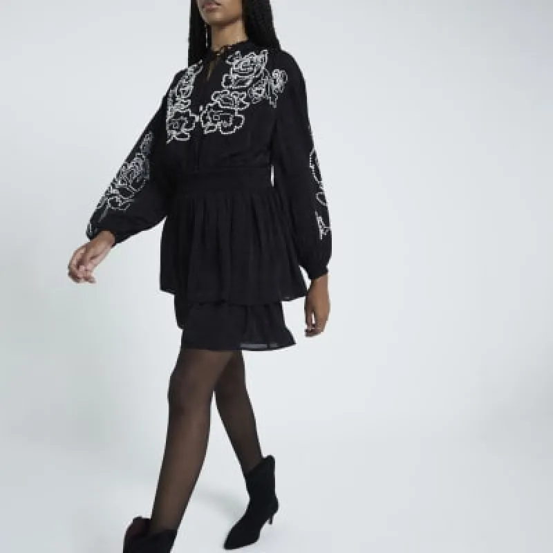 Black Floral Pearl Embellished Mini Dress sold by River Island