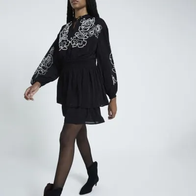 Black Floral Pearl Embellished Mini Dress sold by River Island
