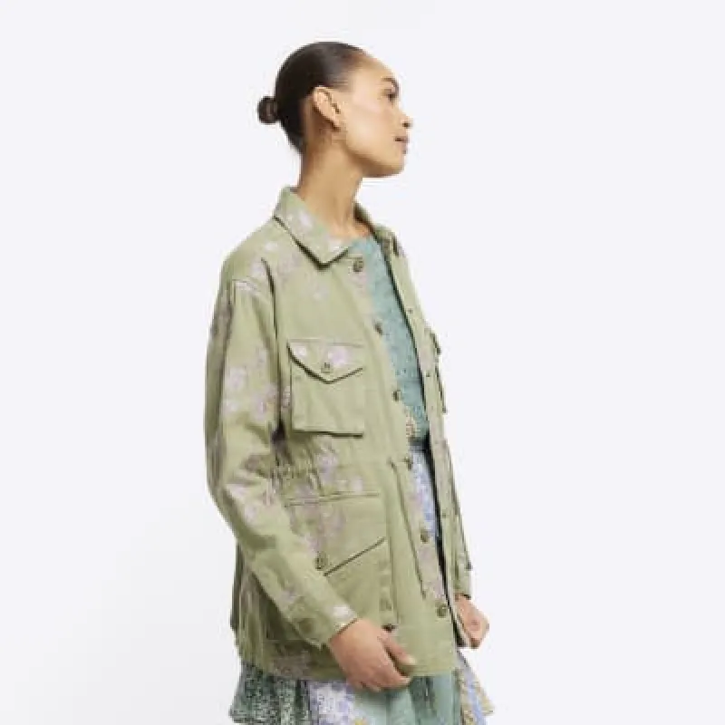 Khaki embroidered floral utility shacket sold by River Island