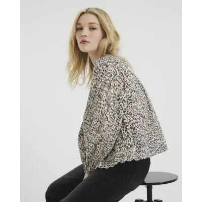 Beige Leopard Lace Trim Embroidered Top sold by River Island