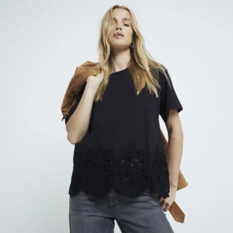Black Short Sleeve Crochet Trim Hem T-Shirt sold by River Island