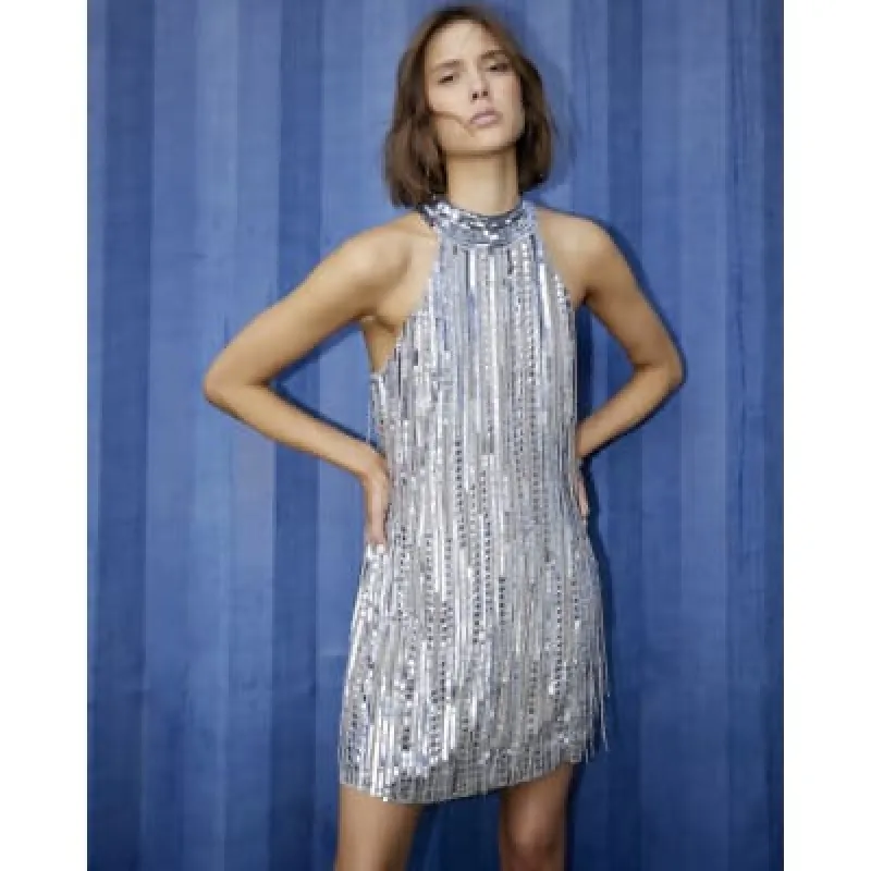Silver Sequin Halter Neck Tassel Mini Dress sold by River Island