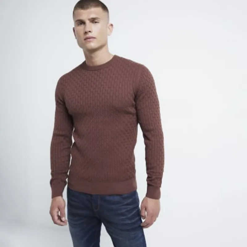 Rust muscle fit cable knitted jumper sold by River Island