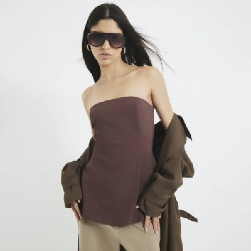 Brown Sleeveless Longline Bandeau Top sold by River Island