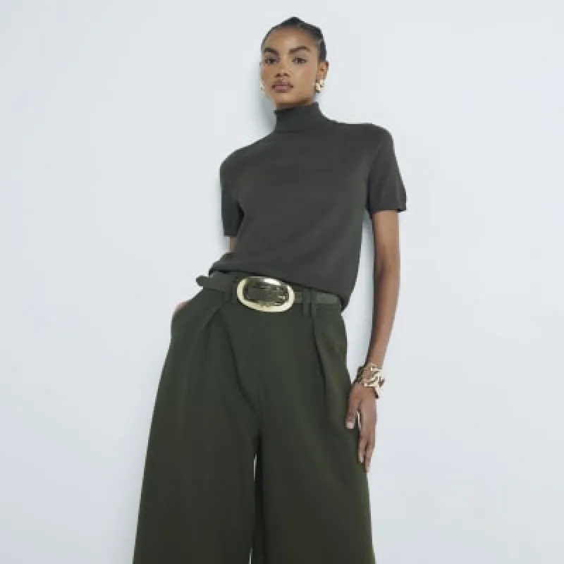 Khaki Roll Neck Button Shoulder Knit Top sold by River Island