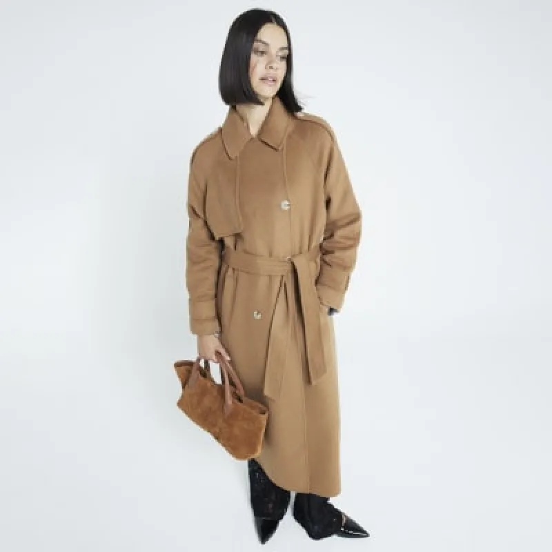 Brown Handstitched Wool Blend Trench Coat sold by River Island