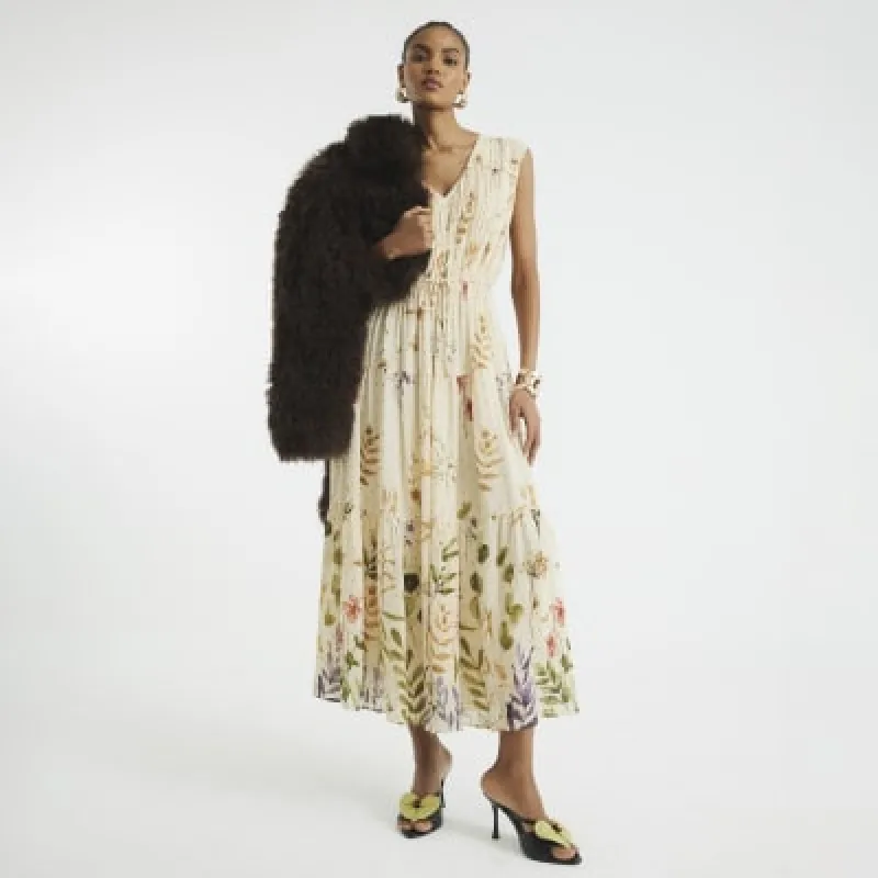 Cream Floral Shirred Midi Dress sold by River Island