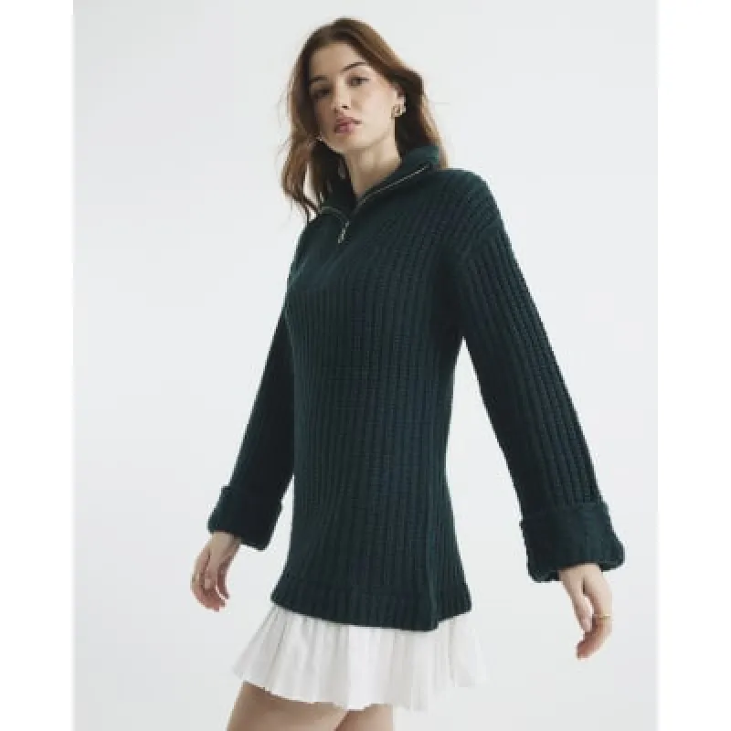 Khaki Half Zip Pleated Jumper Mini Dress sold by River Island