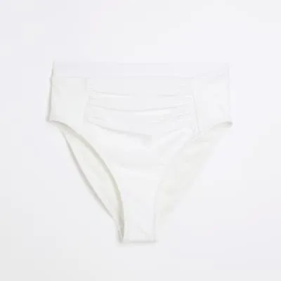 White High Waisted Ruched Bikini Bottoms sold by River Island