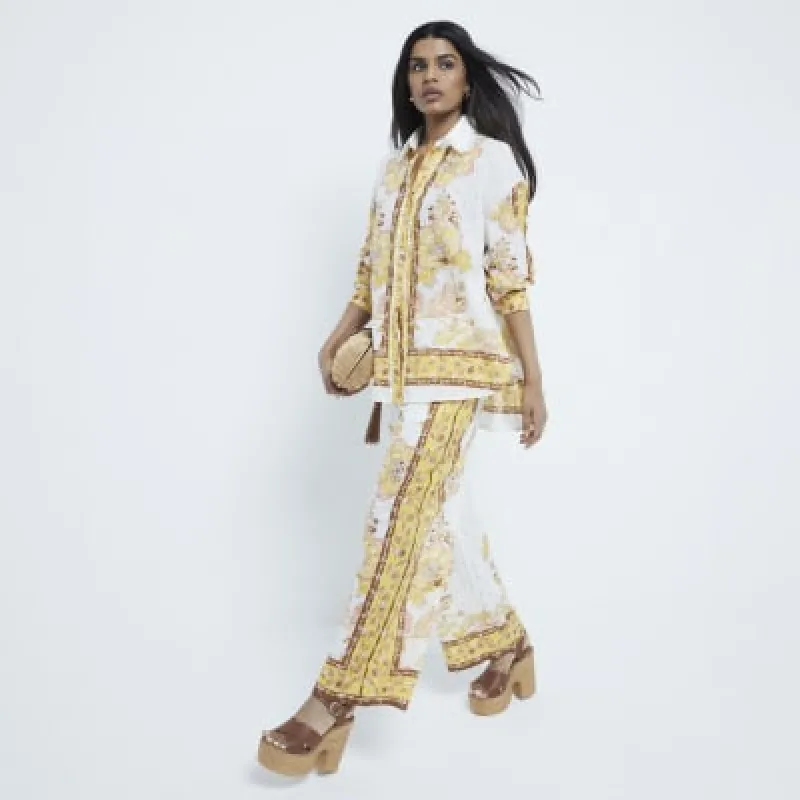 Petite Yellow Printed Broderie Trousers made by River Island