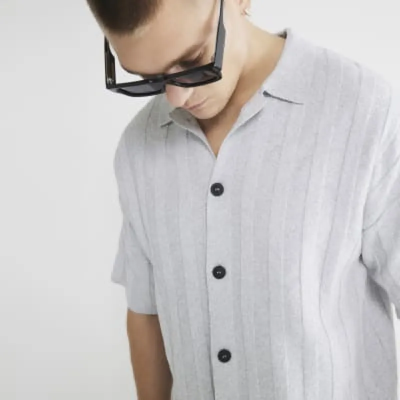 Grey Boxy Fit Boucle Ribbed Shirt sold by River Island