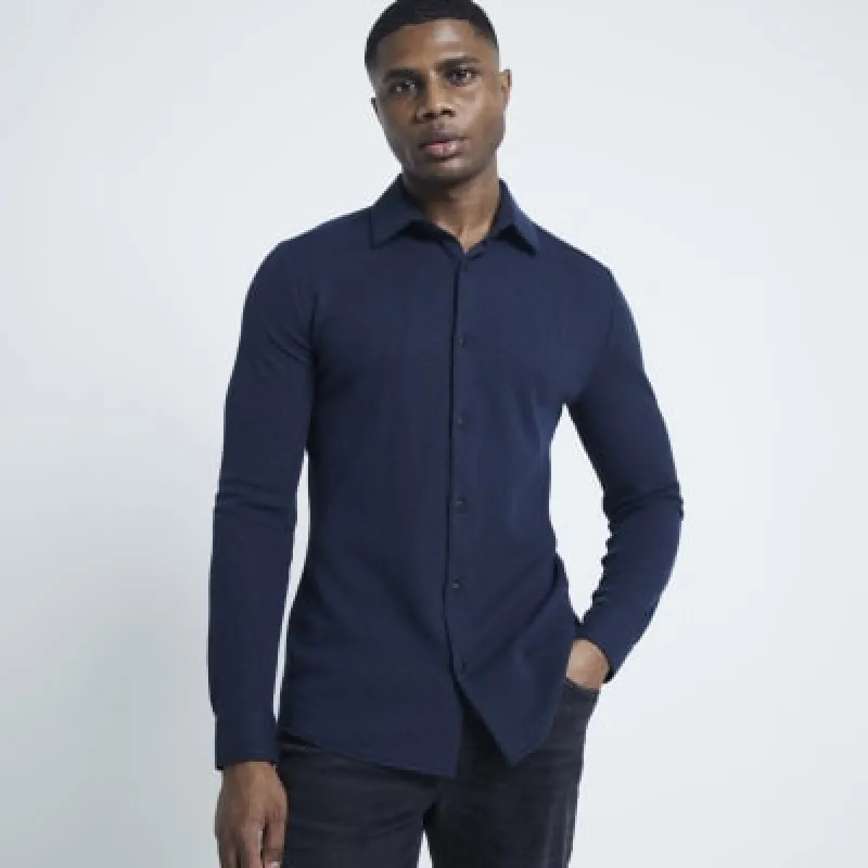 Navy Muscle Fit Waffle Textured Jersey Shirt sold by River Island