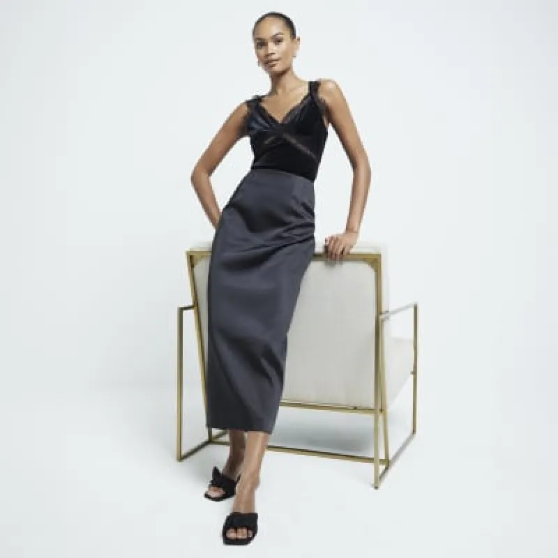 Black Satin Pencil Midi Skirt sold by River Island