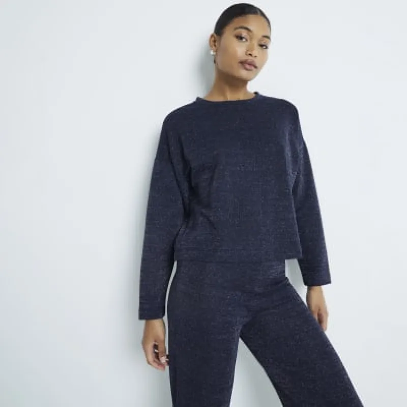 Navy Glitter Crochet Long Sleeve Top sold by River Island