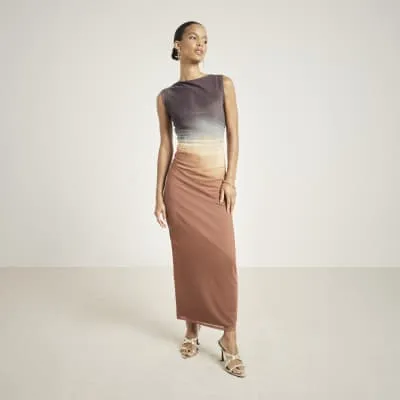 Brown mesh ombre bodycon midi dress sold by River Island