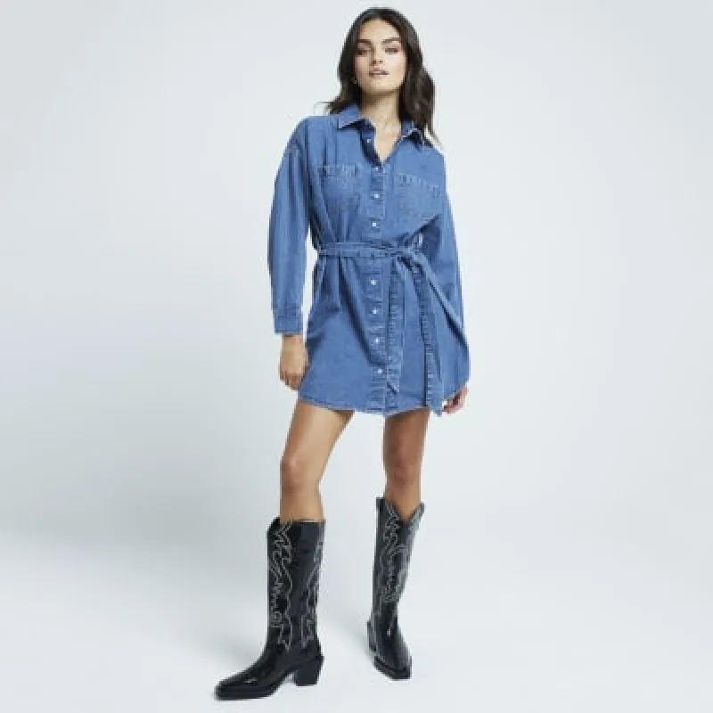 Blue denim belted mini shirt dress sold by River Island