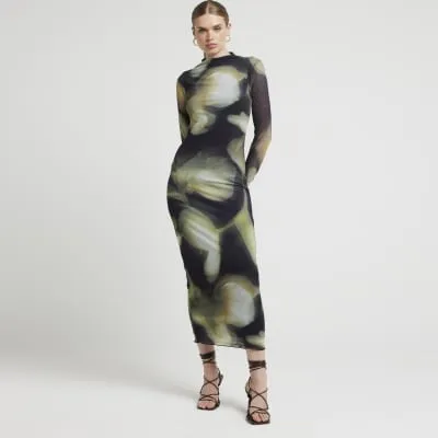 Black mesh abstract floral bodycon midi dress sold by River Island