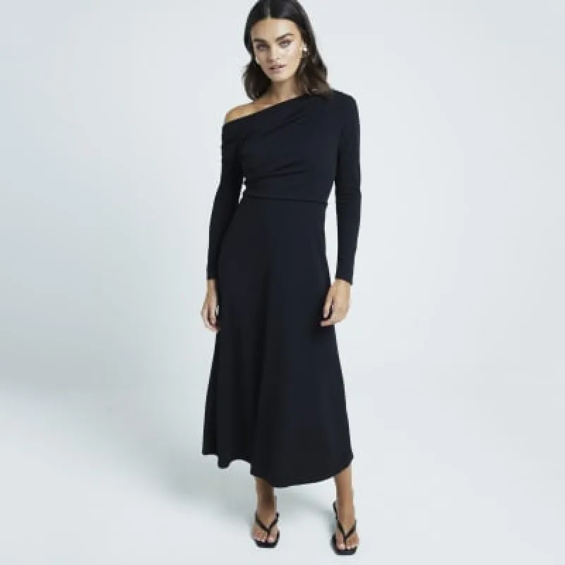 Black off shoulder drape bodycon maxi dress sold by River Island