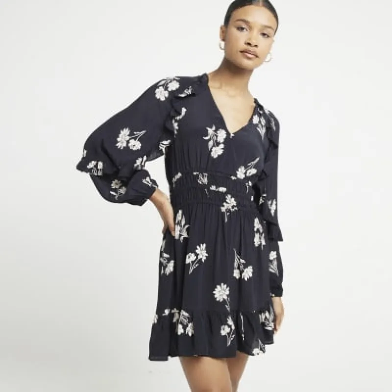 Black floral frill detail swing mini dress sold by River Island