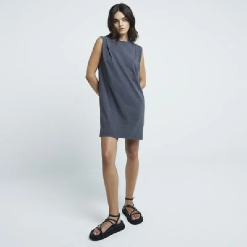 Grey washed pleated tank shift mini dress sold by River Island