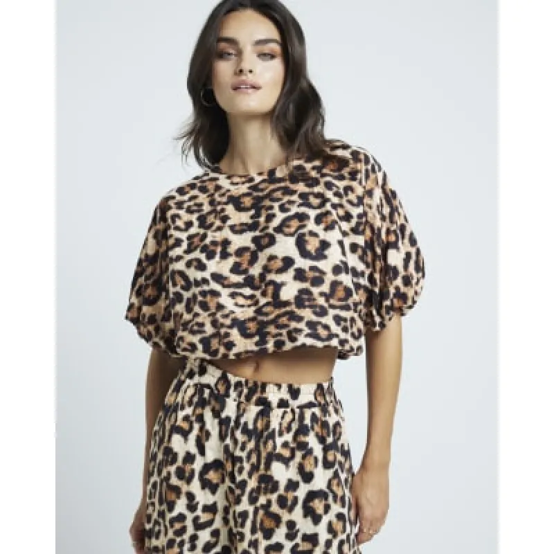 Beige Leopard Print Bubble Hem Crop Top sold by River Island