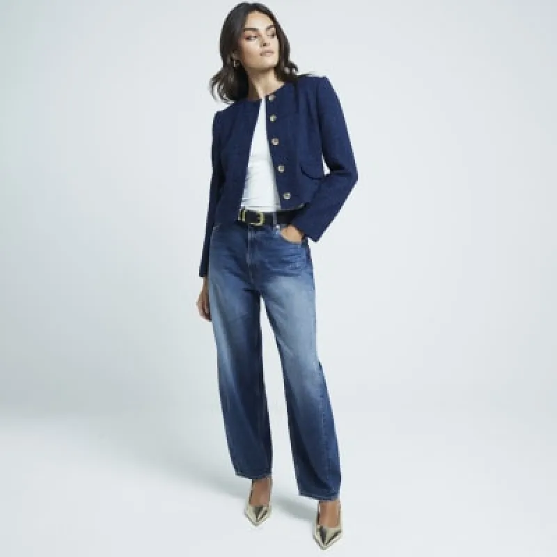 Navy boucle crop trophy jacket sold by River Island