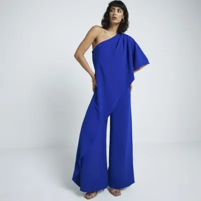 Blue overlay one shoulder jumpsuit sold by River Island