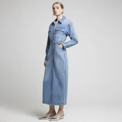 Blue denim zip up midi shirt dress sold by River Island