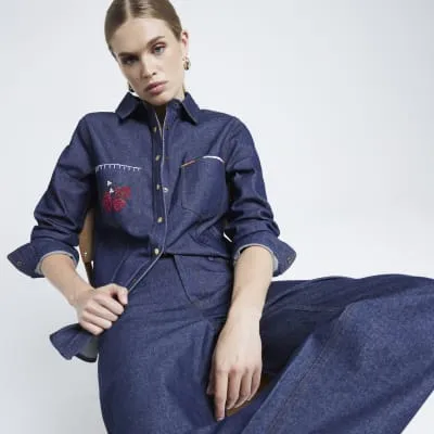 Blue embroidered denim shirt sold by River Island