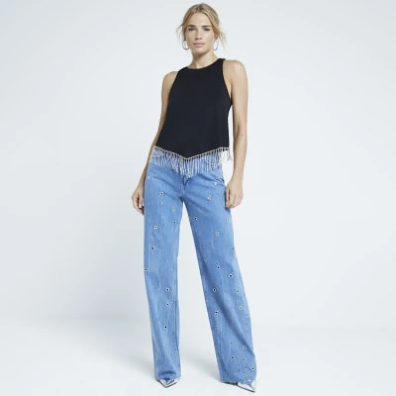 Black diamante trim vest top sold by River Island