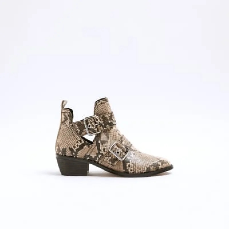 Beige Snake Print Buckle Western Heeled Boots sold by River Island