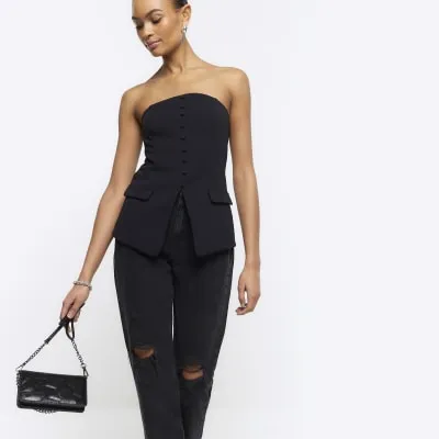 Black Buttoned Bandeau Top sold by River Island