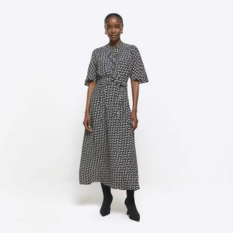 Black geometric belted midi shirt dress sold by River Island