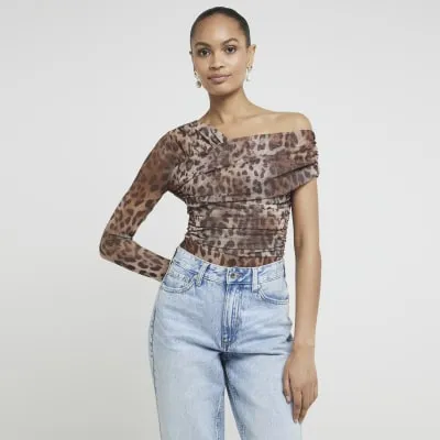 Brown mesh leopard print asymmetric bodysuit sold by River Island