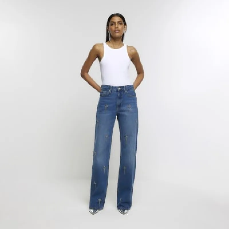 Blue embellished relaxed straight jeans sold by River Island