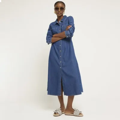 Blue denim midi shirt dress sold by River Island