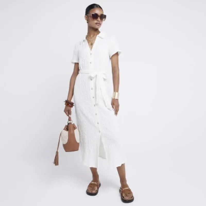 Cream Textured Belted Midi Shirt Dress sold by River Island