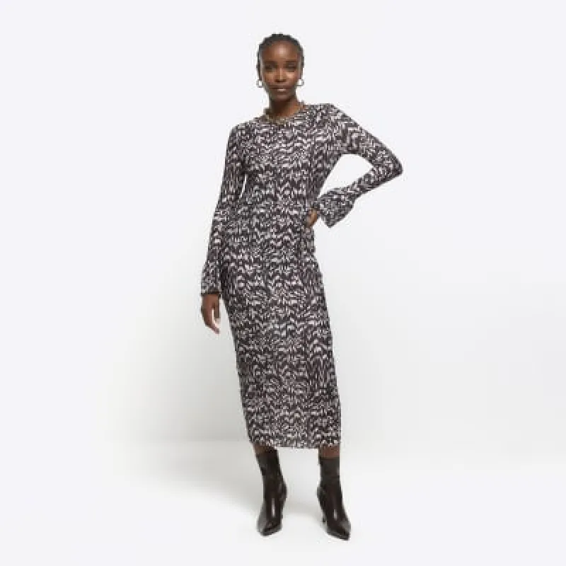 Brown plisse abstract bodycon midi dress sold by River Island