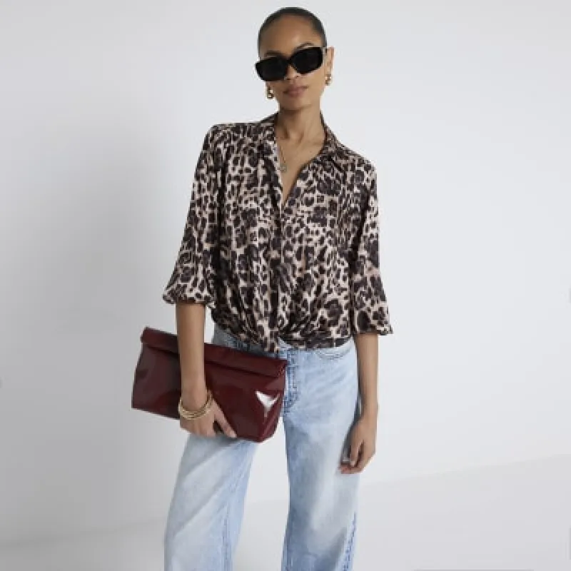 Brown leopard print wrap shirt sold by River Island
