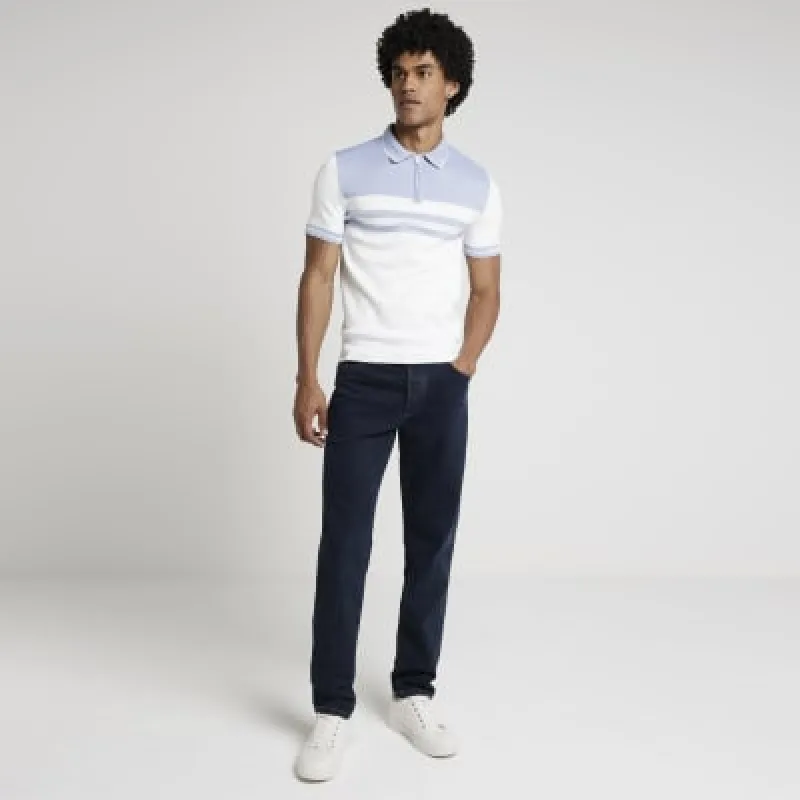 White muscle fit colour block knit polo shirt sold by River Island